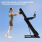 Woman in beige athletic wear folding black treadmill with digital display against blue background