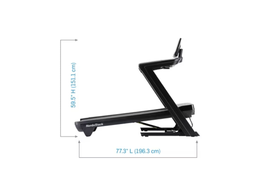 NordicTrack Commercial 1250 treadmill with black frame and angled running surface, shown with dimensions 59.5"H x 77.3"L on w