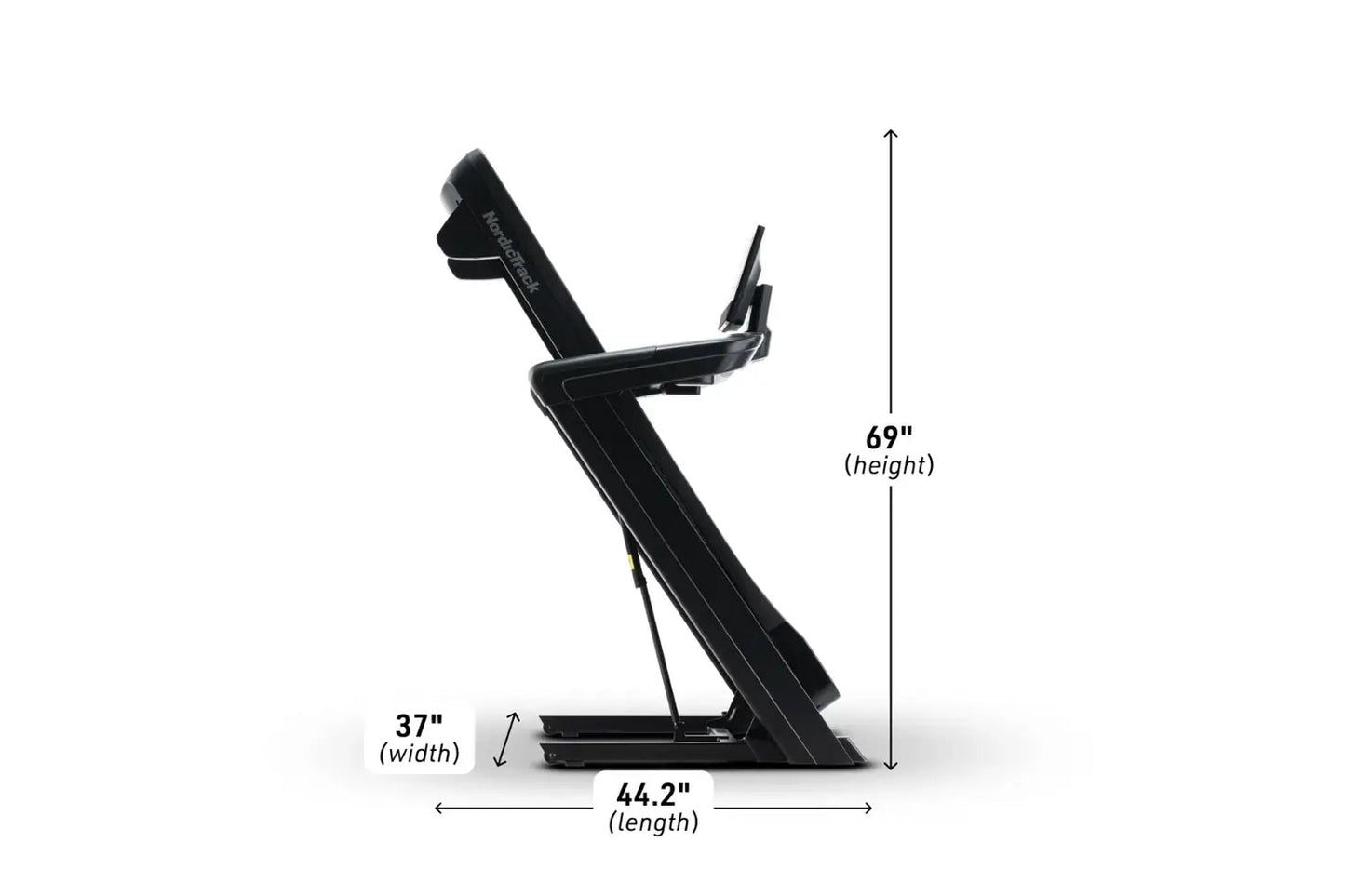 Black NordicTrack Commercial 1250 treadmill with angled running deck and digital console, shown with dimension measurements o