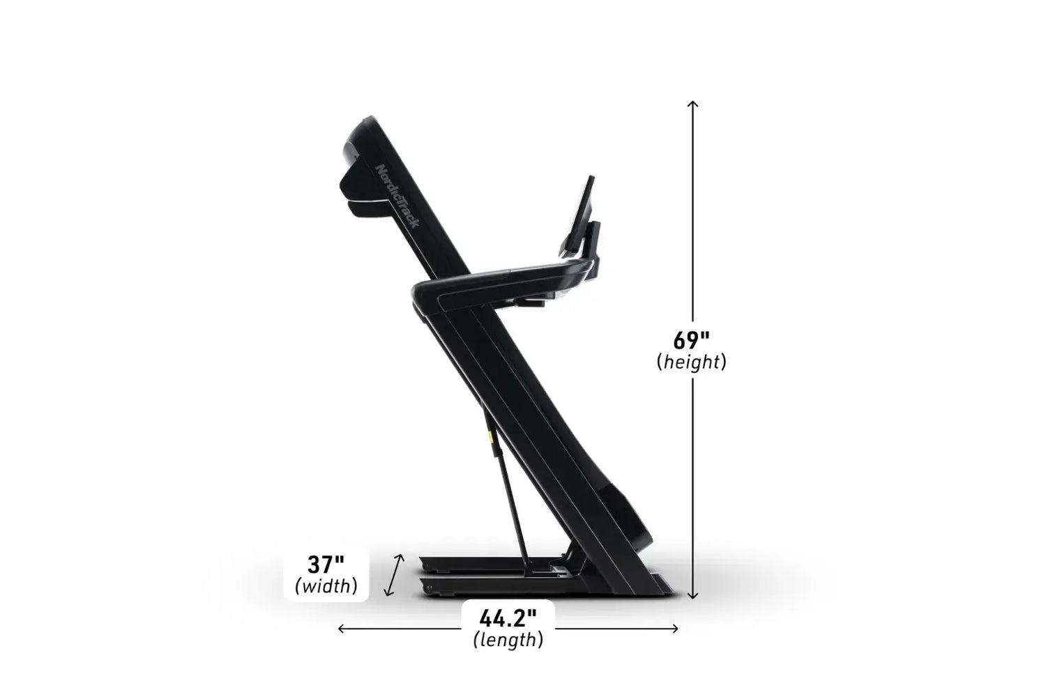 Black NordicTrack Commercial 1250 treadmill with angled running deck and digital console, shown with dimension measurements o