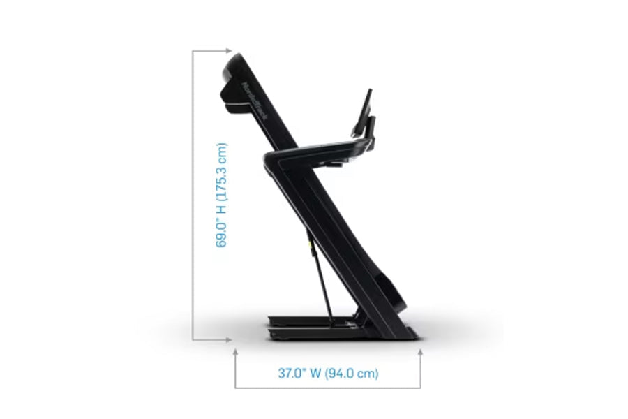 Black NordicTrack Commercial 1250 treadmill with angled running deck and digital console, shown from side view with dimension