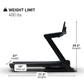 Black NordicTrack Commercial 1250 treadmill with incline shown in side view with dimensions labeled, 400 lbs weight limit