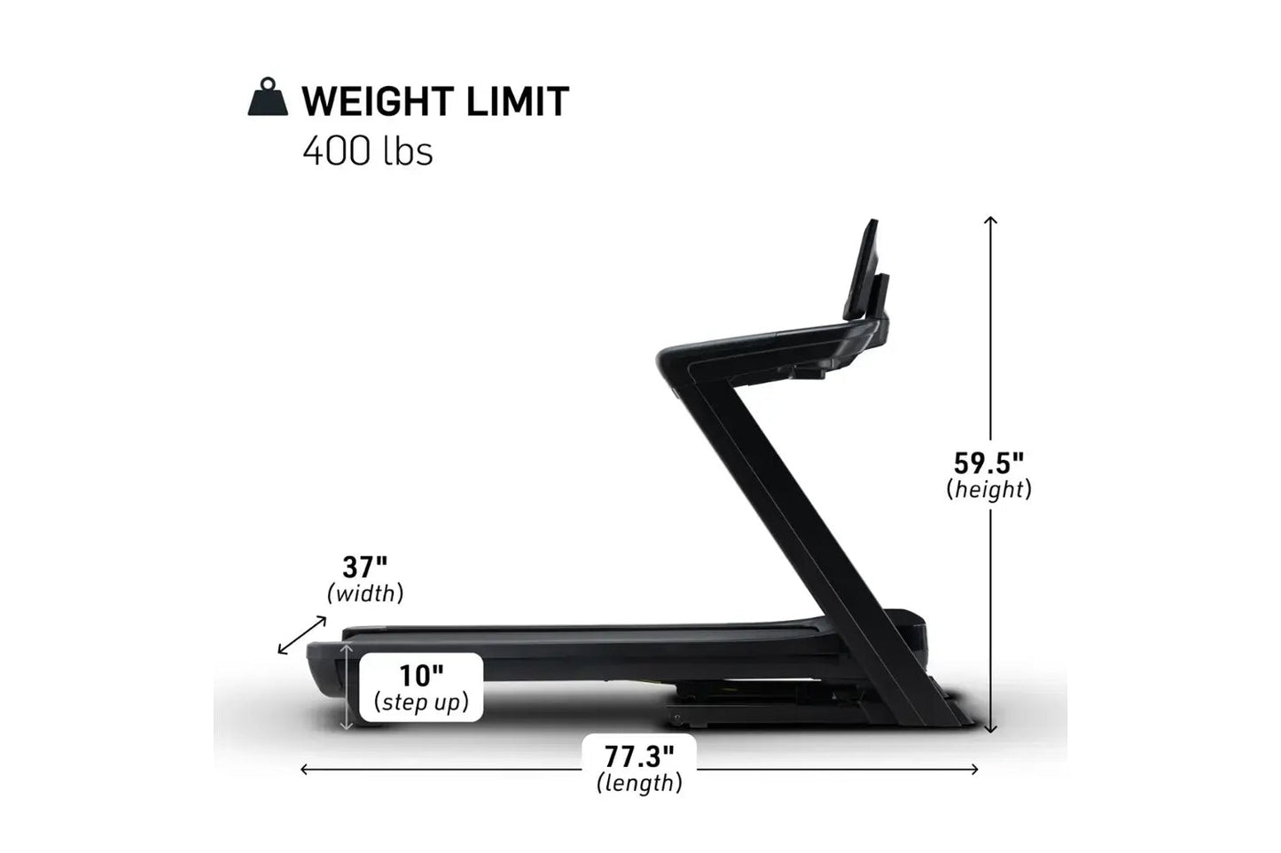 Black NordicTrack Commercial 1250 treadmill with incline shown in side view with dimensions labeled, 400 lbs weight limit