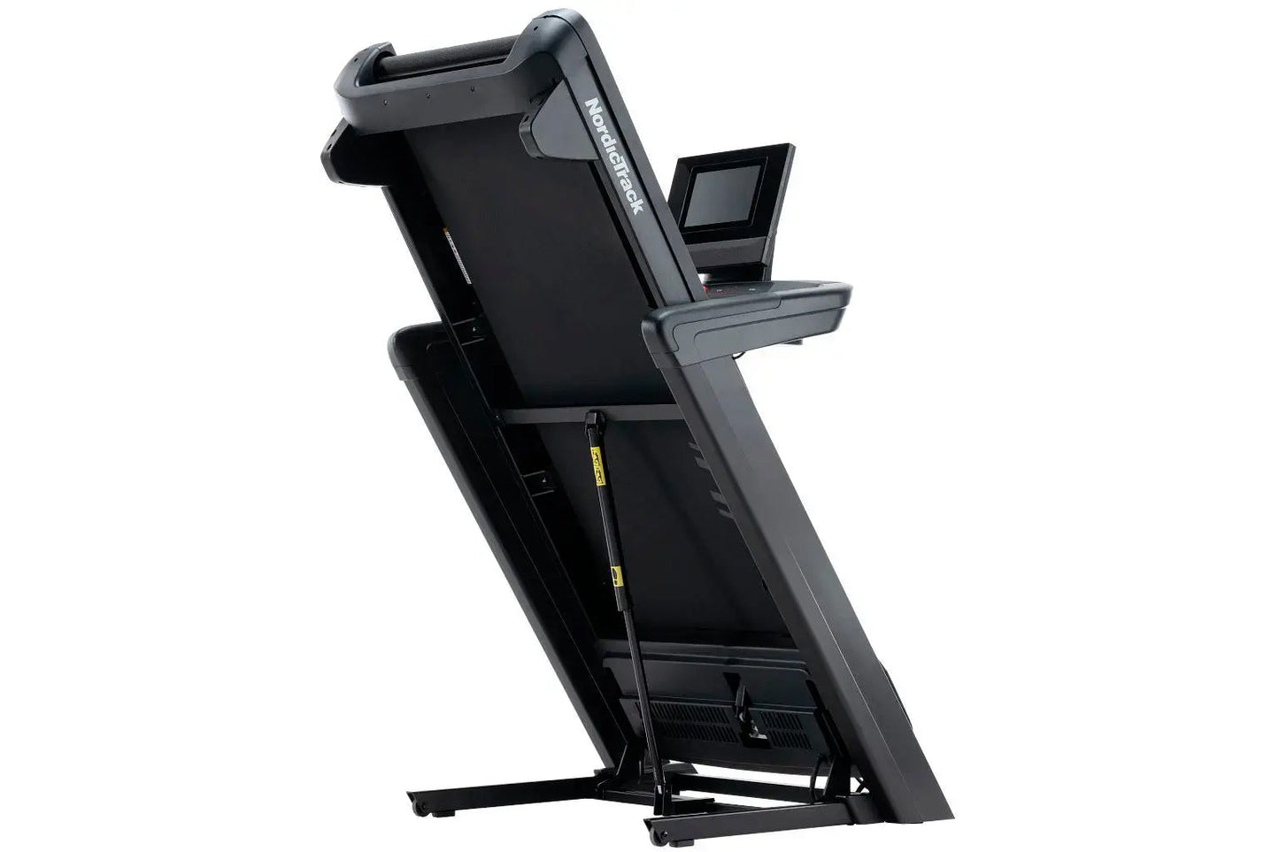 Black NordicTrack Commercial 1250 treadmill with digital display screen and cushioned running deck on white background