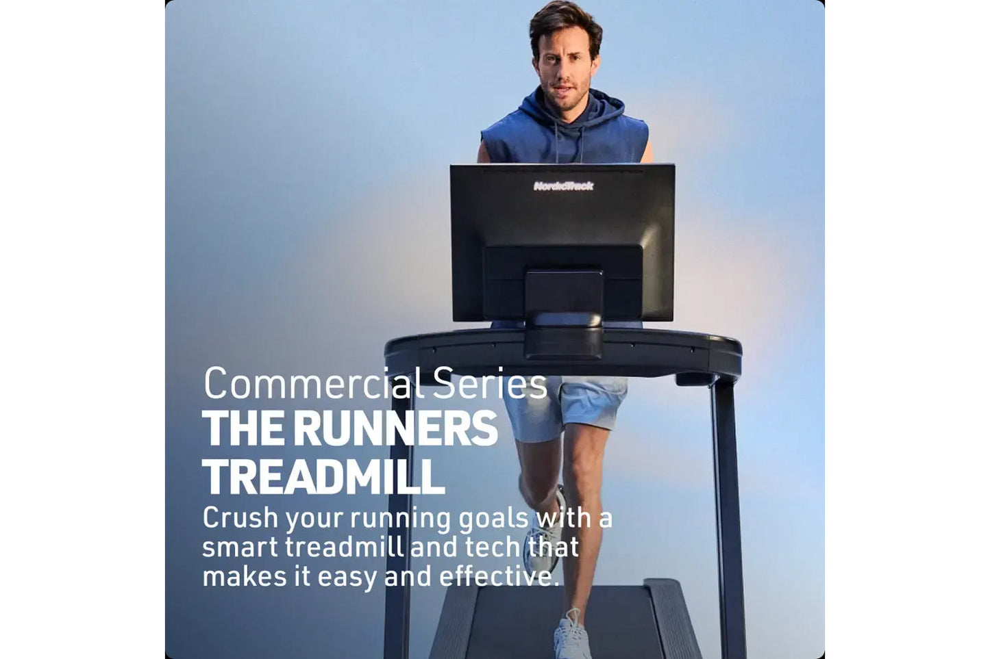 Man running on NordicTrack Commercial Series treadmill with digital display against blue sky background