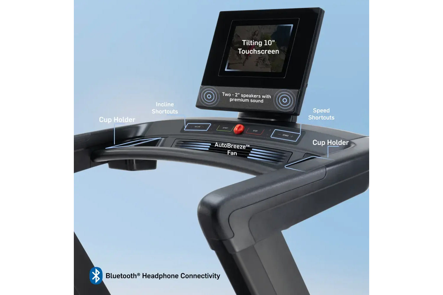Black NordicTrack treadmill with tilting 10-inch touchscreen, dual cup holders, AutoBreeze fan, and dual 2-inch speakers, dis