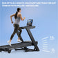 Woman running on black NordicTrack treadmill with touchscreen display showing incline and decline capabilities against blue b