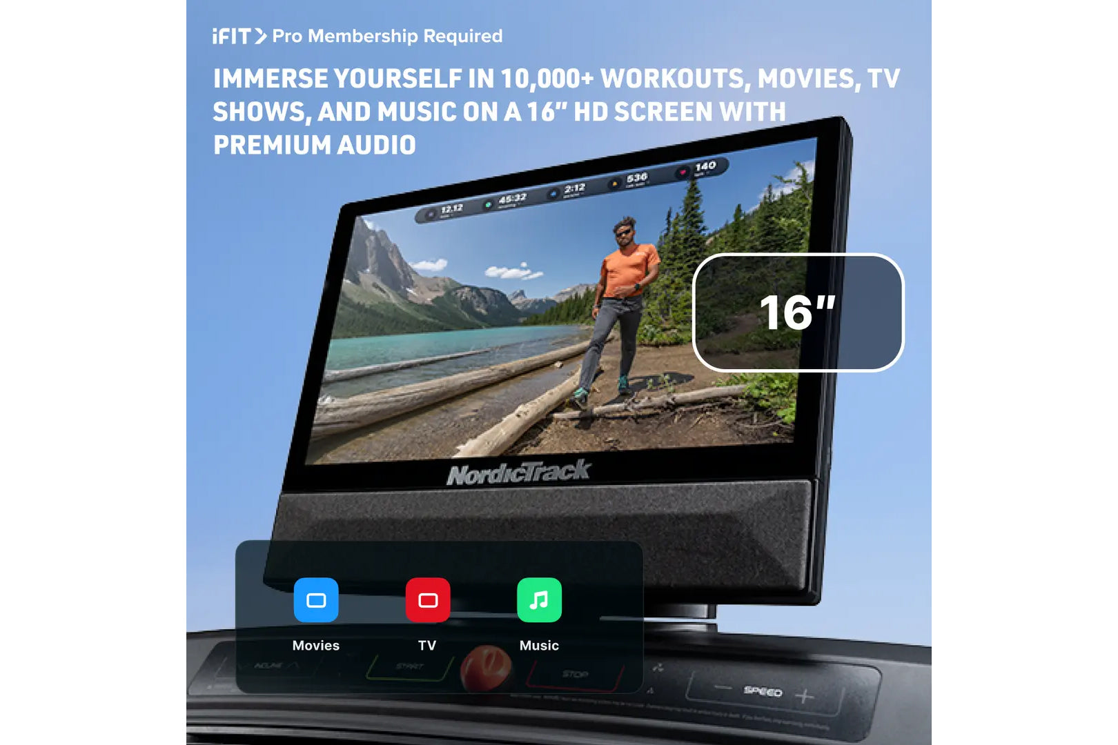 NordicTrack 16" HD tablet display showing workout video with mountain landscape, mounted on treadmill console with Movies, TV