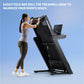 Woman folding black NordicTrack treadmill with digital display, demonstrating compact storage capability