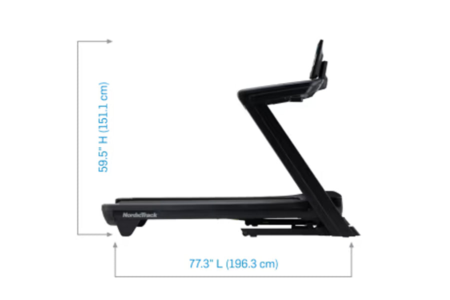 NordicTrack Commercial 1750 black treadmill with dimensions 77.3 inches long by 59.5 inches high, shown in side view on white