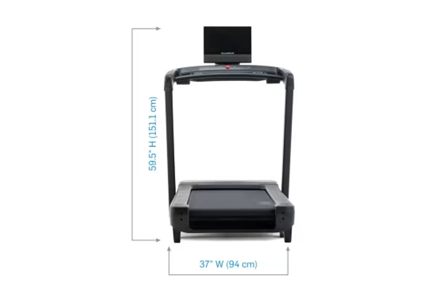 NordicTrack Commercial 1750 treadmill with black running deck, dual uprights, display monitor, and dimension measurements sho