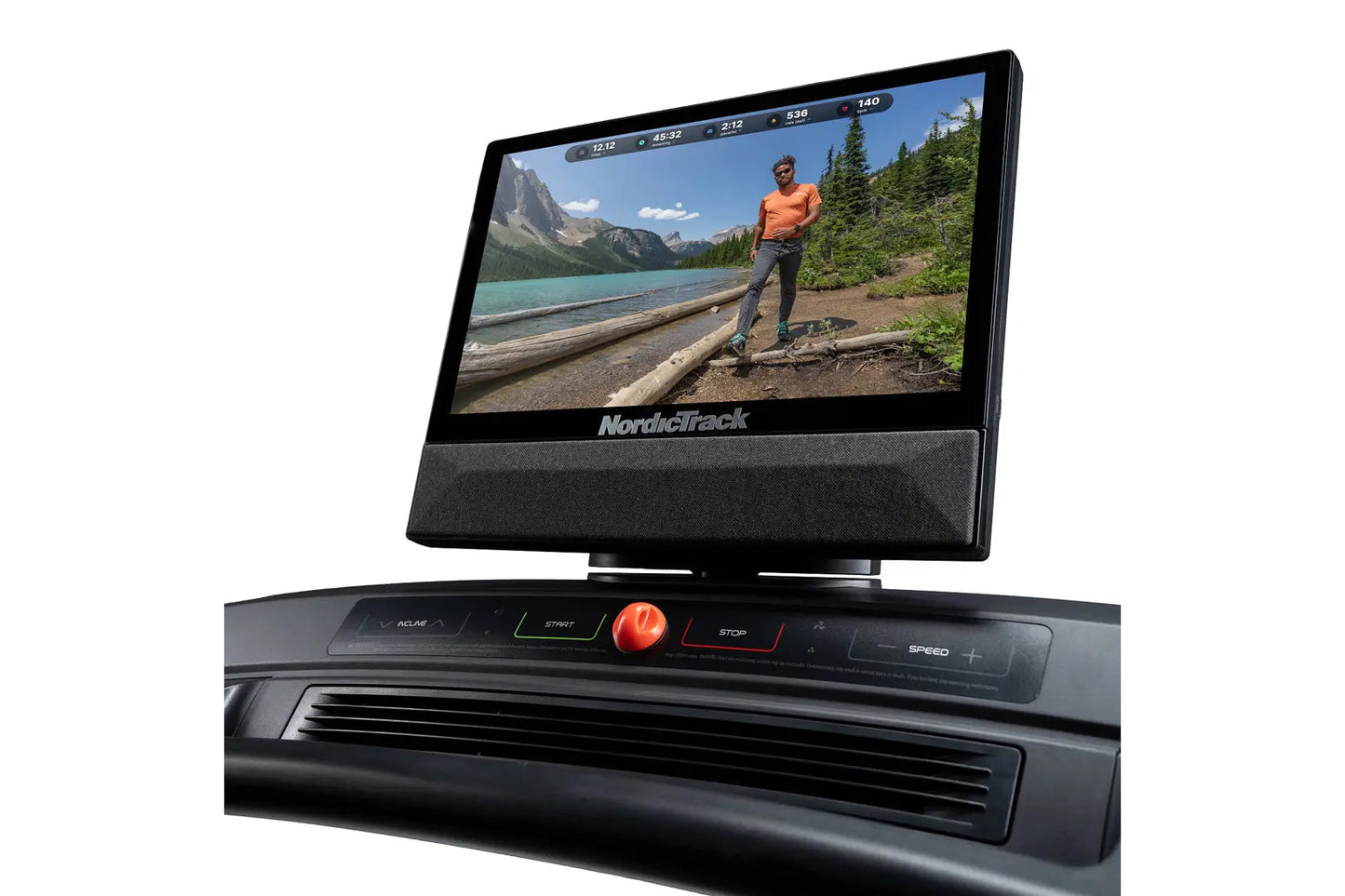 NordicTrack Commercial 1750 treadmill with black console displaying running video of person in orange shirt by mountain lake