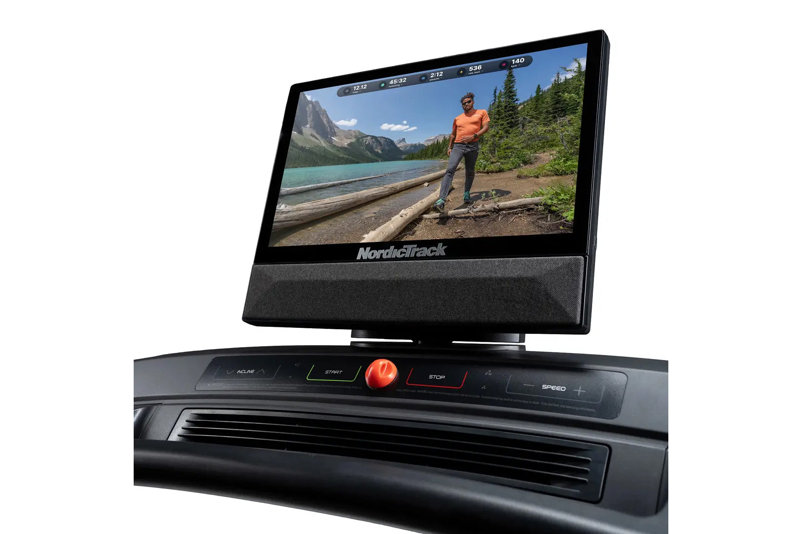 NordicTrack Commercial 1750 treadmill with black console displaying running video of person in orange shirt by mountain lake