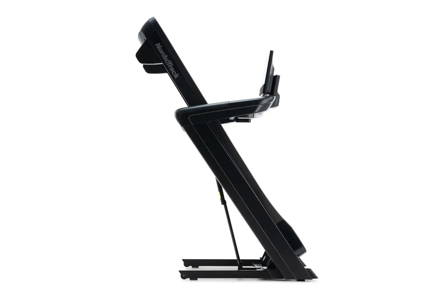 Black NordicTrack Commercial 1750 treadmill with elevated incline, digital console, and cushioned running belt on white backg
