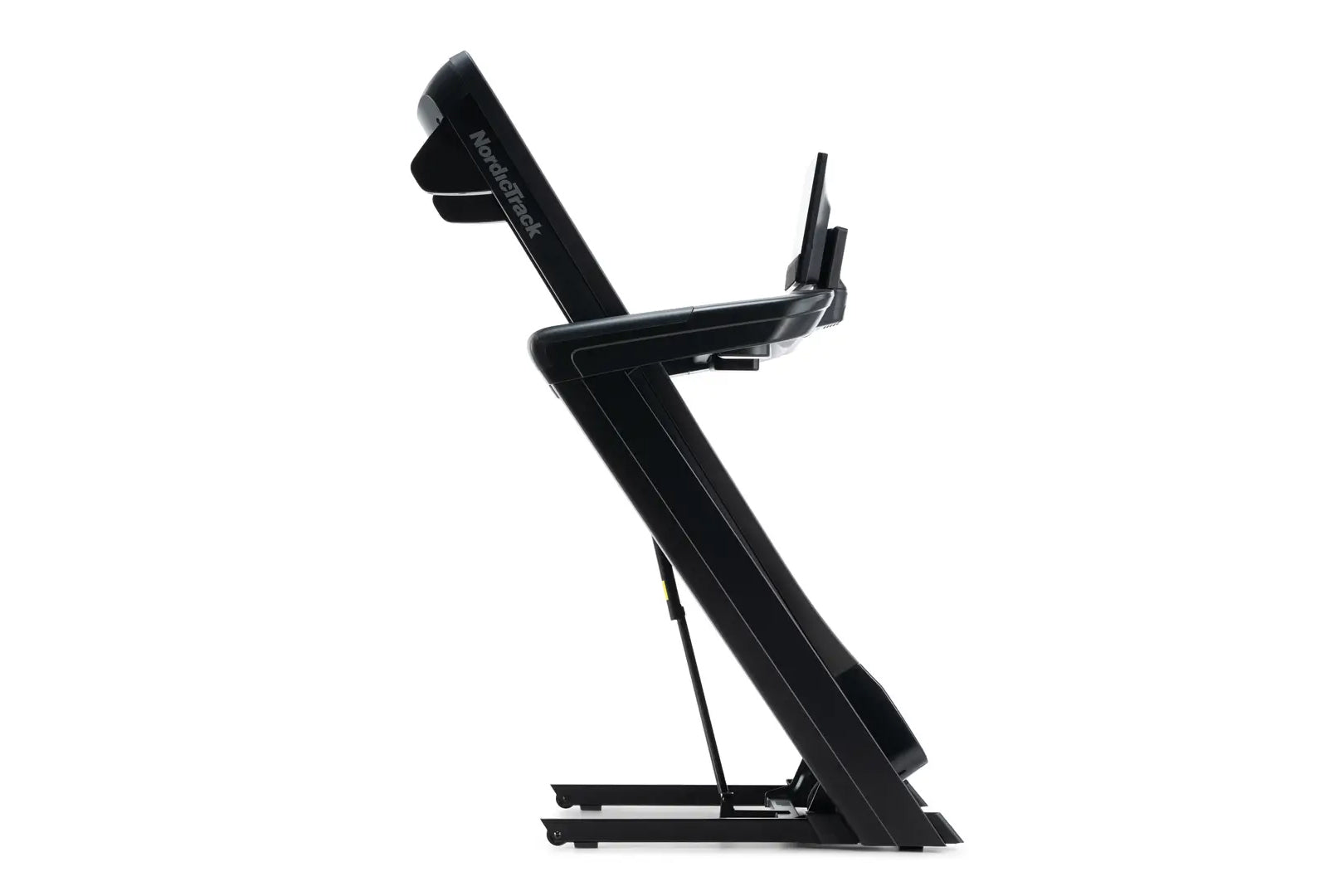 Black NordicTrack Commercial 1750 treadmill with elevated incline, digital console, and cushioned running belt on white backg