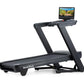 NordicTrack Commercial 1750 black treadmill with attached display screen showing outdoor workout video on white background