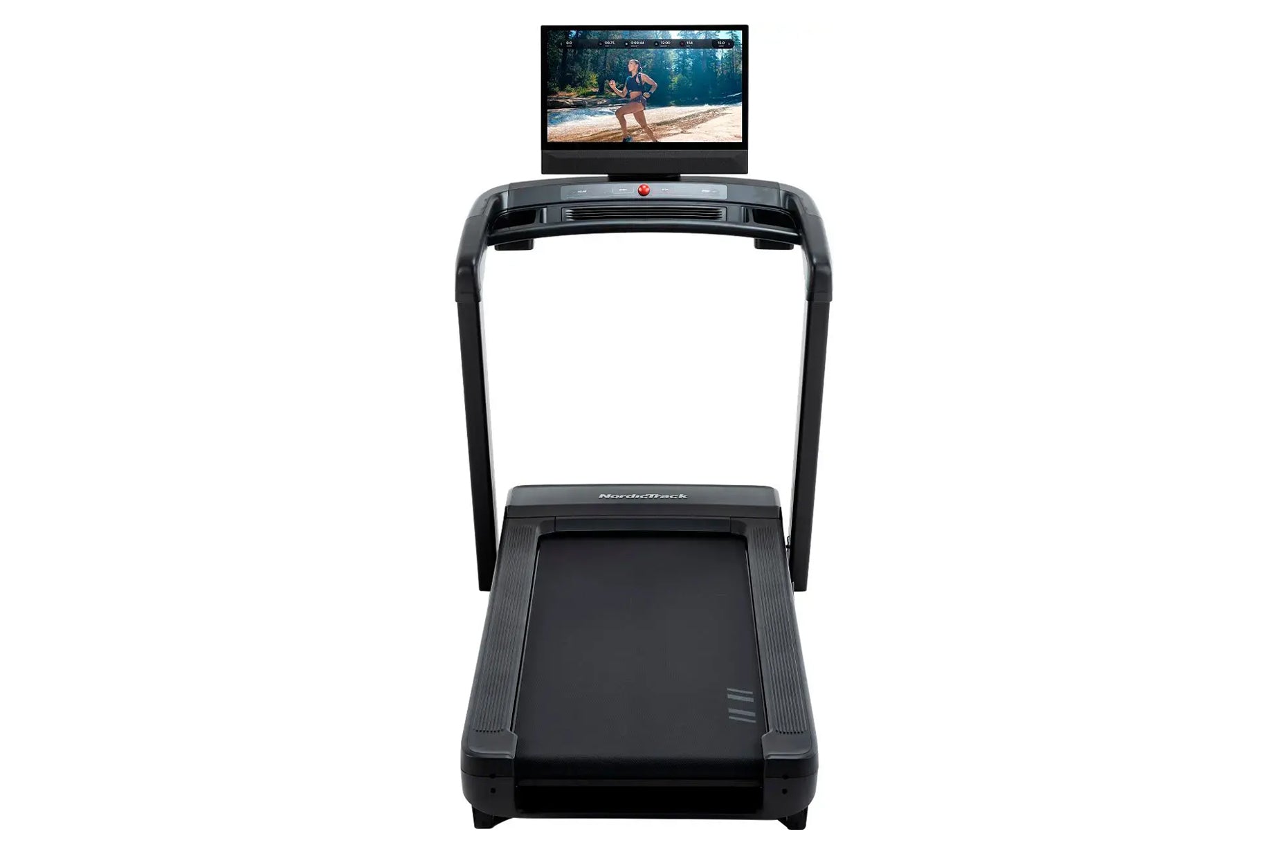 Black NordicTrack Commercial 2450 treadmill with integrated touchscreen display showing workout video, viewed from front on w