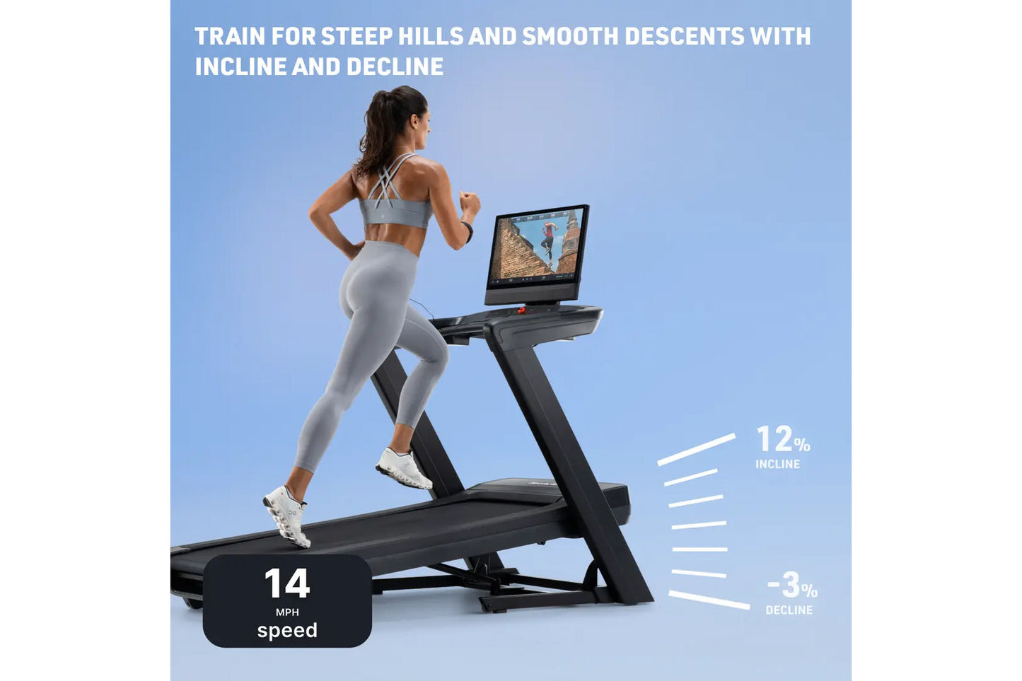 Woman in gray sports bra and leggings running on black NordicTrack treadmill with screen displaying hill workout, 12% incline