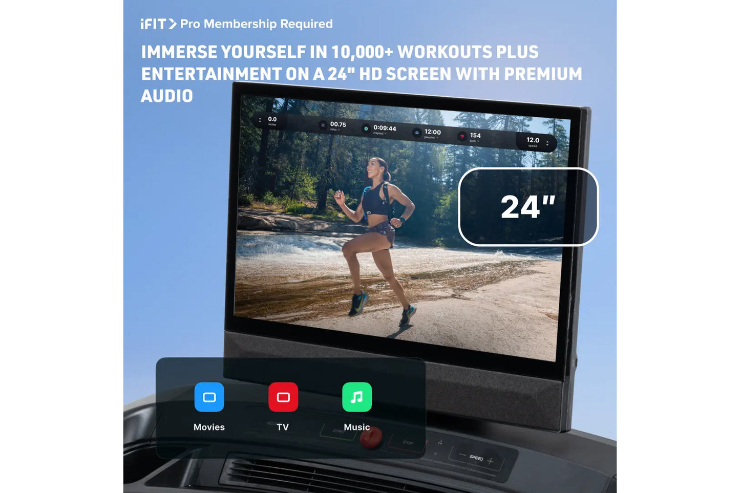 24-inch HD touchscreen treadmill display showing outdoor running workout video with fitness metrics, control panel below feat