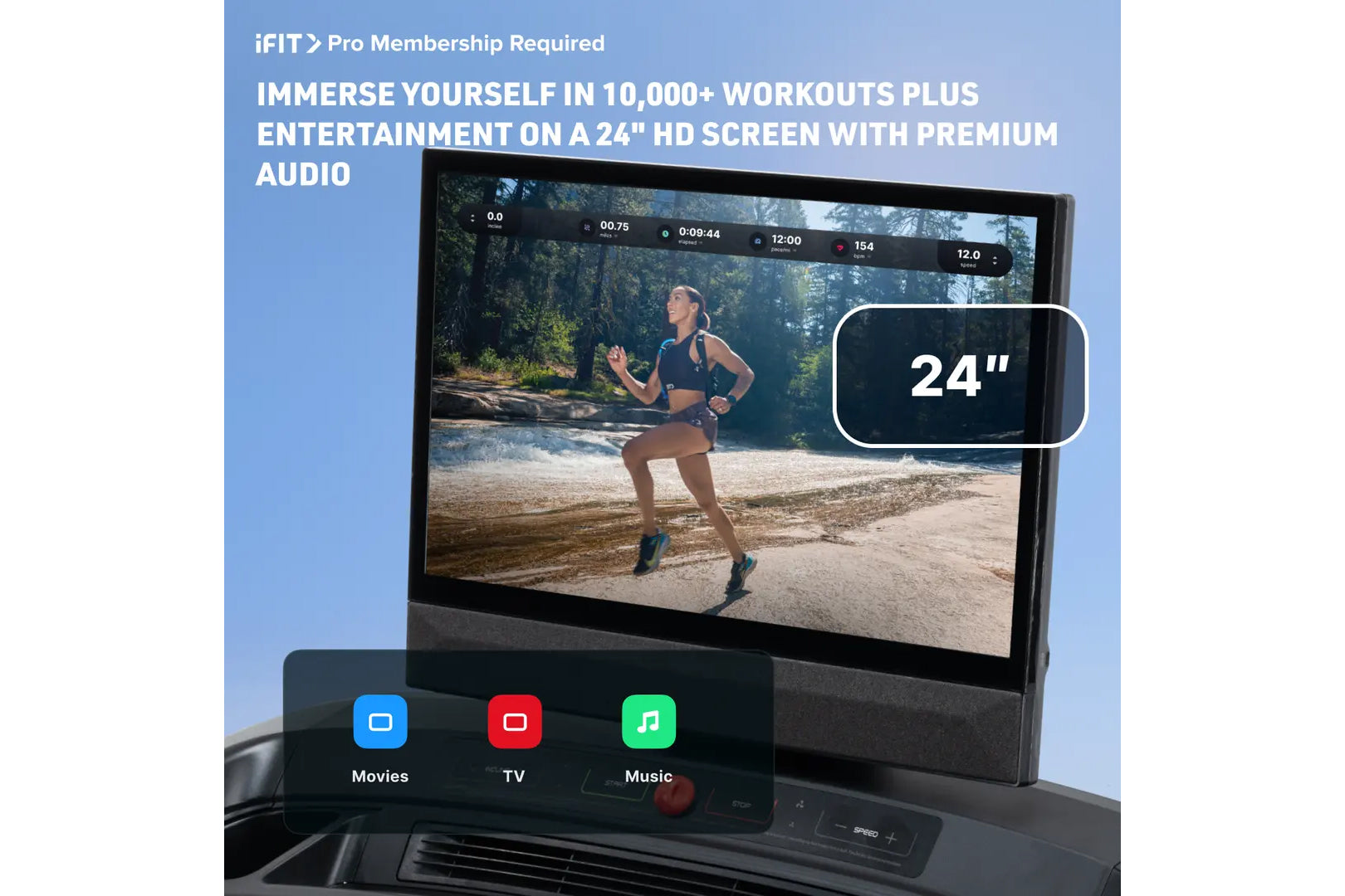 24-inch HD touchscreen treadmill display showing outdoor running workout video with fitness metrics, control panel below feat