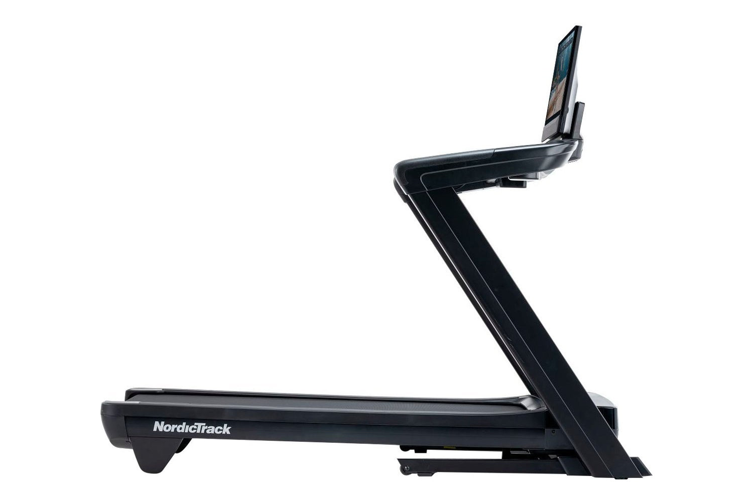 NordicTrack Commercial 2450 black treadmill with incline capability and touchscreen display on white background