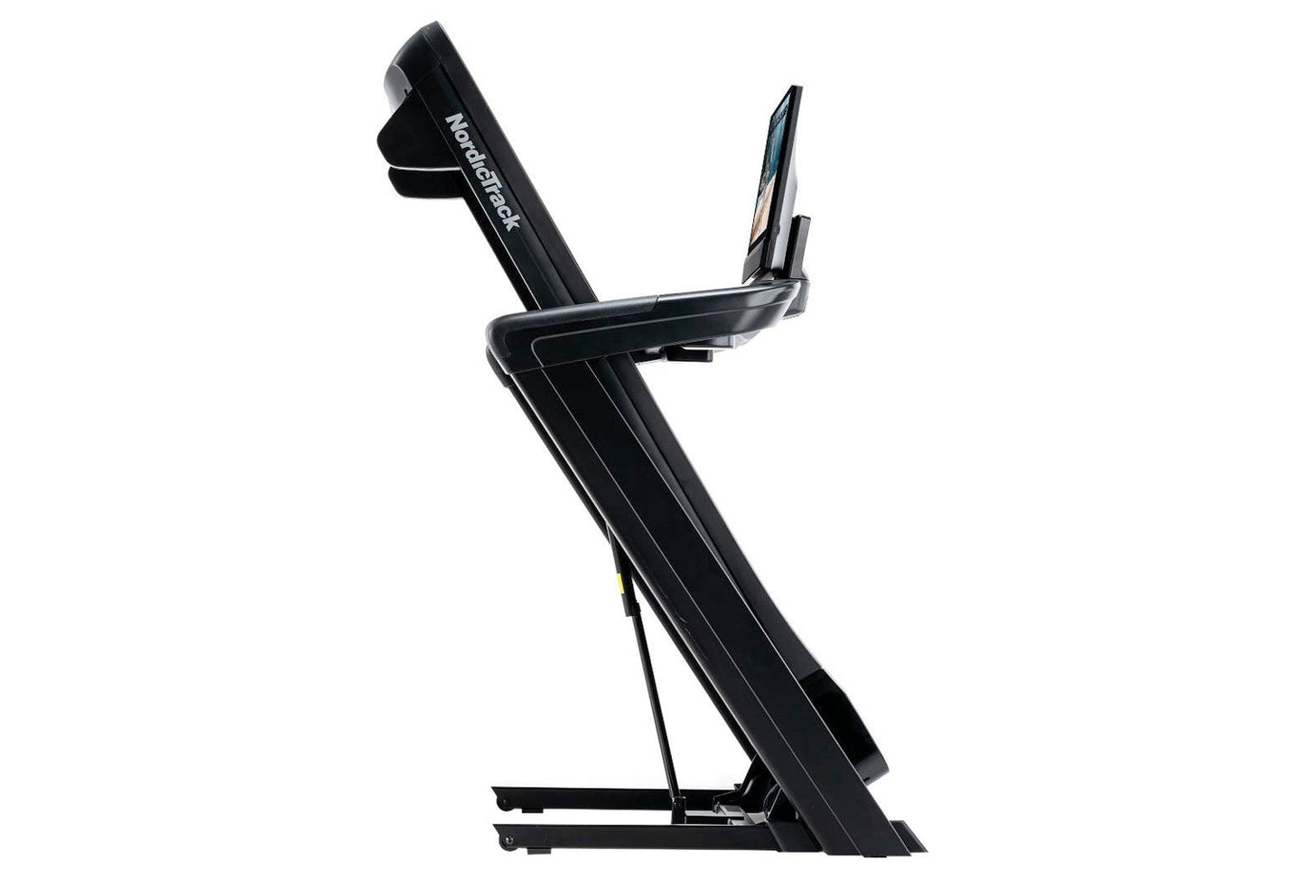 Black NordicTrack Commercial 2450 treadmill with tablet holder and cushioned running deck on white background