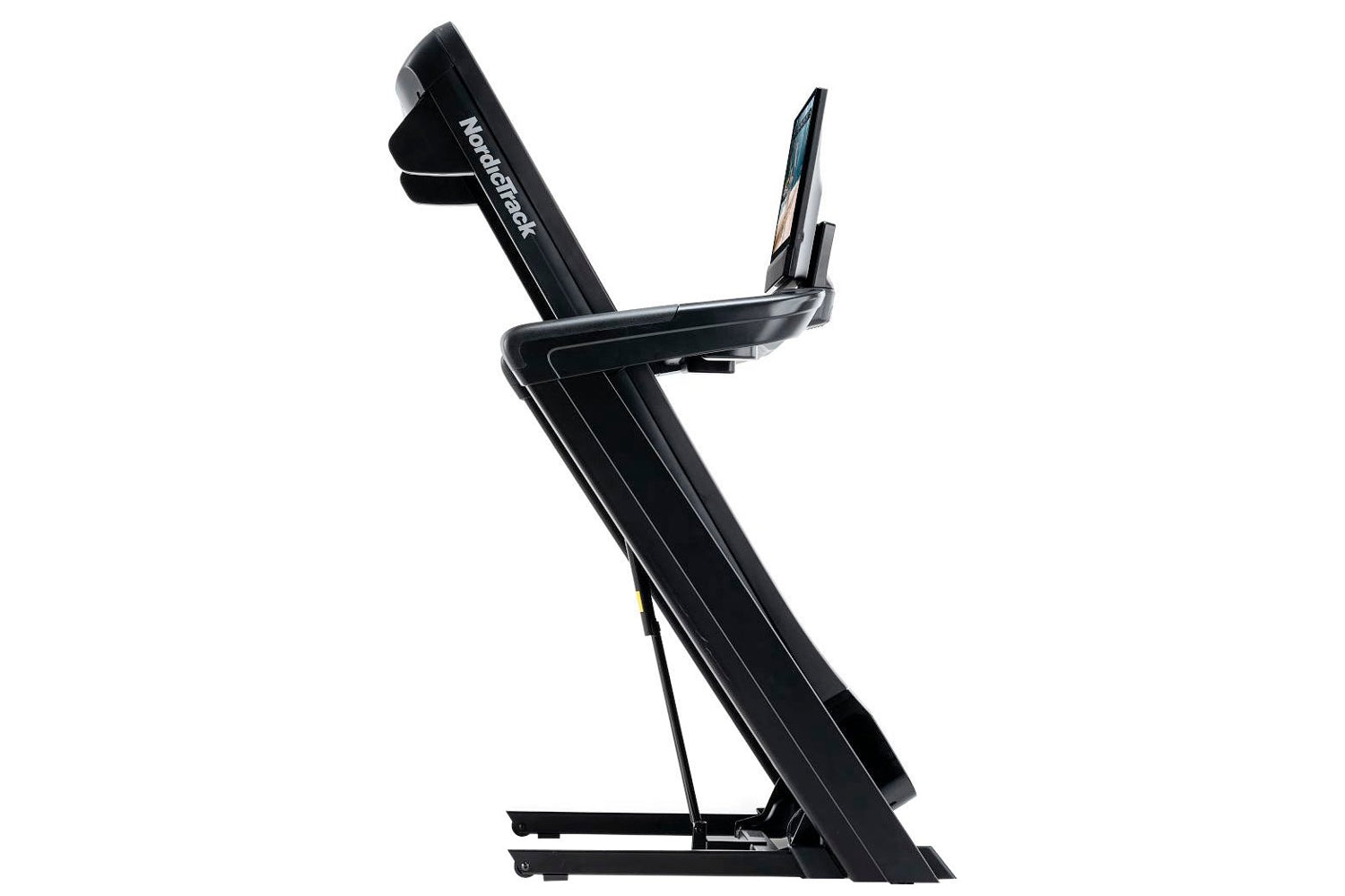 Black NordicTrack Commercial 2450 treadmill with tablet holder and cushioned running deck on white background