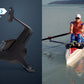 Black NordicTrack RW600 rowing machine with digital display on blue background, and person using white rowing shell on water 