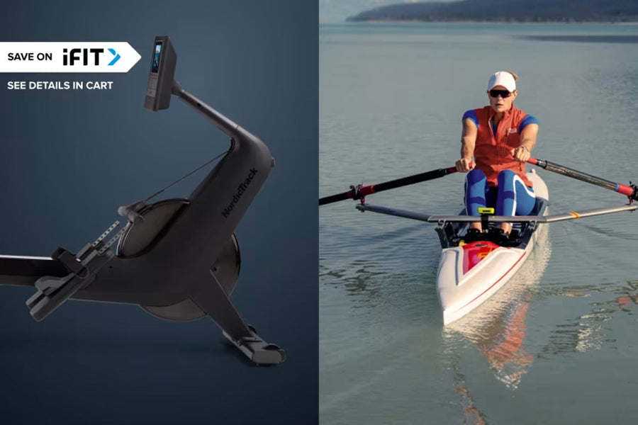 Black NordicTrack RW600 rowing machine with digital display on blue background, and person using white rowing shell on water 