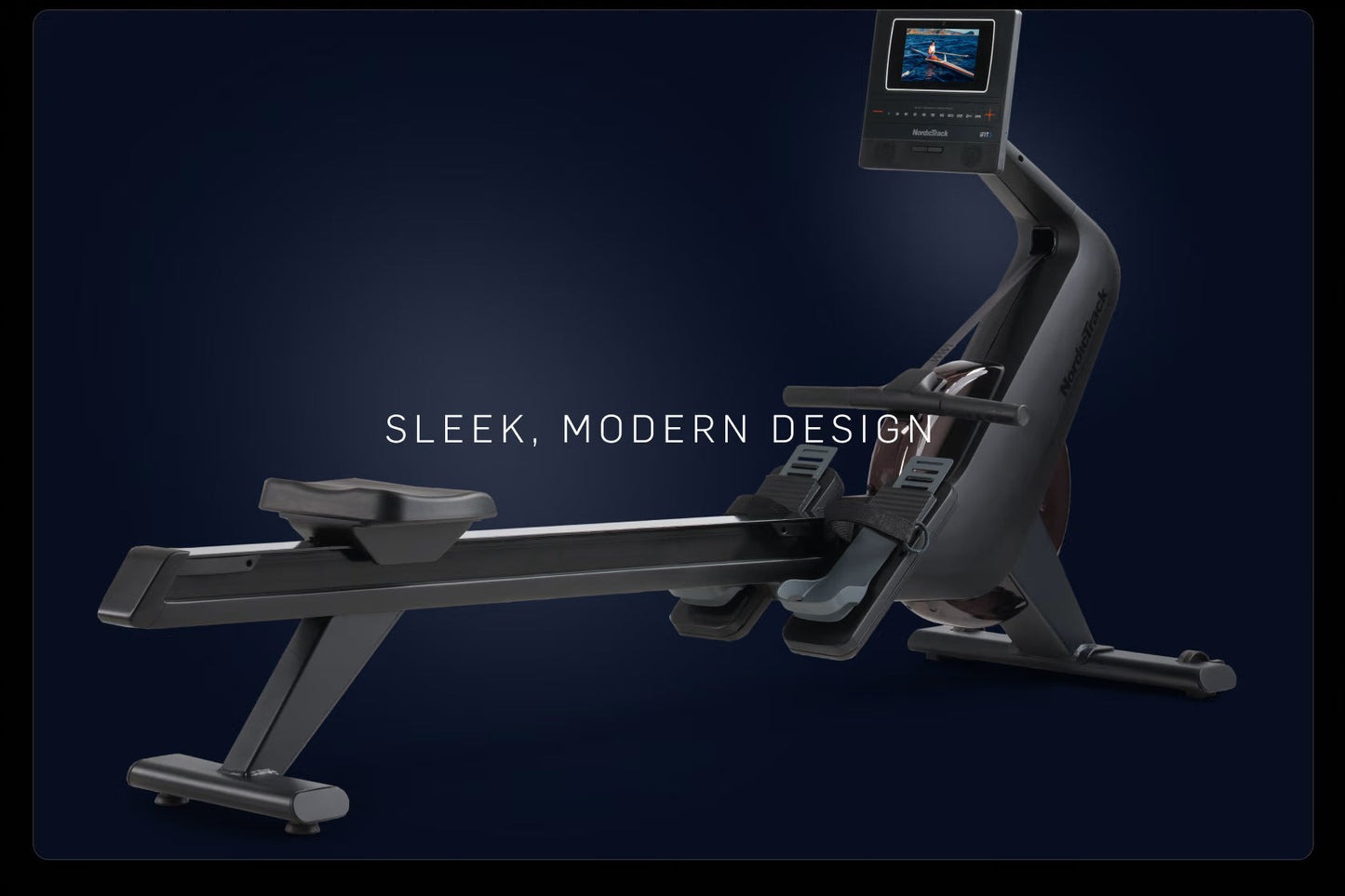 Black NordicTrack RW600 rowing machine with digital display screen on dark blue background