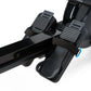 Black rower pedals with ribbed footplates and black straps with blue accents on white background