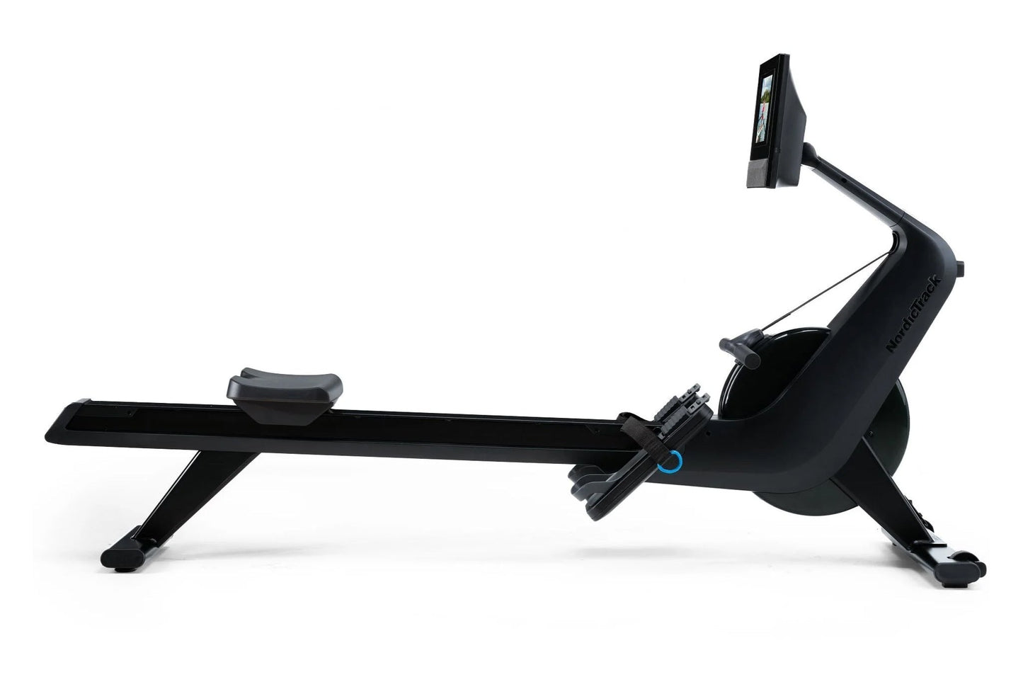 Black NordicTrack RW700 rowing machine with digital display monitor, adjustable seat, and resistance mechanism on white backg