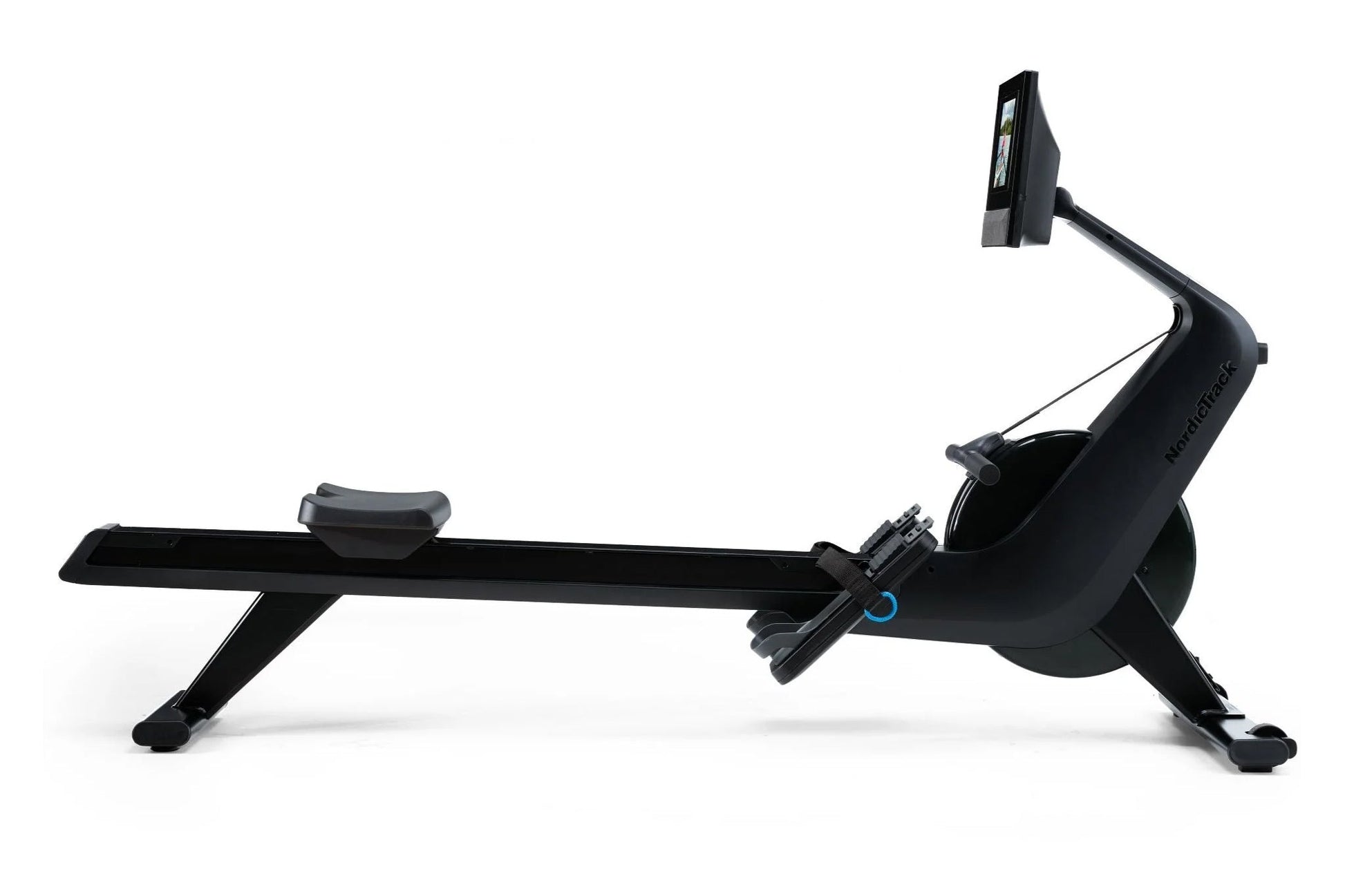 Black NordicTrack RW700 rowing machine with digital display monitor, adjustable seat, and resistance mechanism on white backg