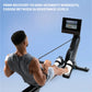Man using black NordicTrack rowing machine with digital display showing workout video, on blue background