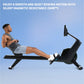 Man using black magnetic rowing machine with extended leg position on blue background