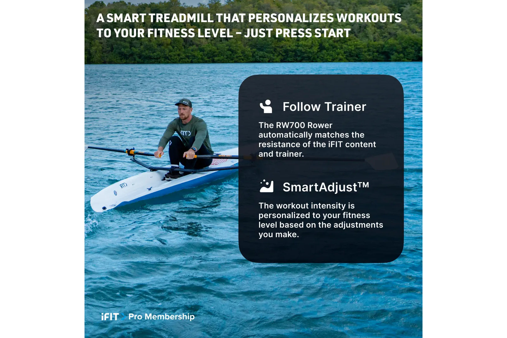 Man rowing on blue water with white NordicTrack RW700 rower, featuring Follow Trainer and SmartAdjust technology information 