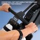 Close-up of hands gripping black soft-grip handles of NordicTrack rower machine against blue sky background