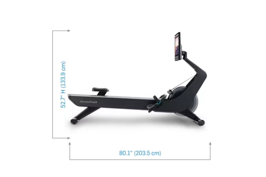 NordicTrack RW900 black recumbent rower with tablet holder, shown with dimensions of 52.7" height and 60.1" length, side view