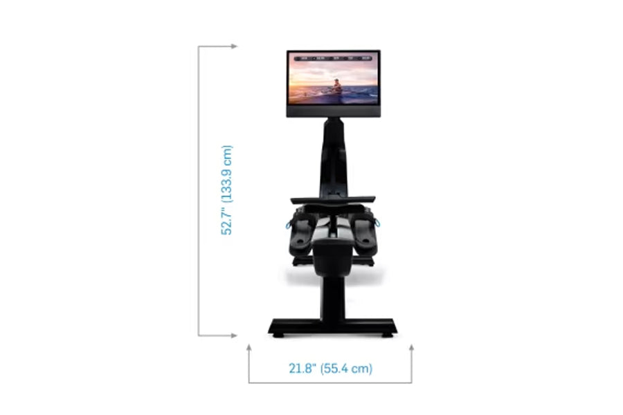 NordicTrack RW900 black rower with digital monitor displaying sunset scene, shown with dimension measurements on white backgr