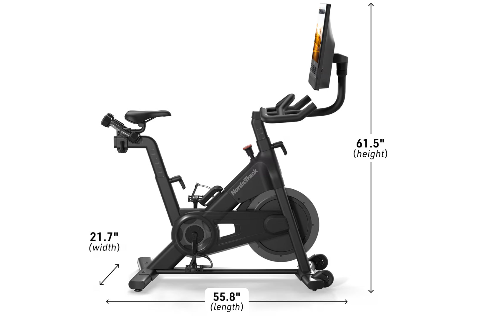 Black NordicTrack stationary exercise bike with digital display screen, curved handlebars, and footrests, shown with dimensio