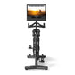 Black stationary exercise bike with tablet display showing cycling video, viewed from front on white background