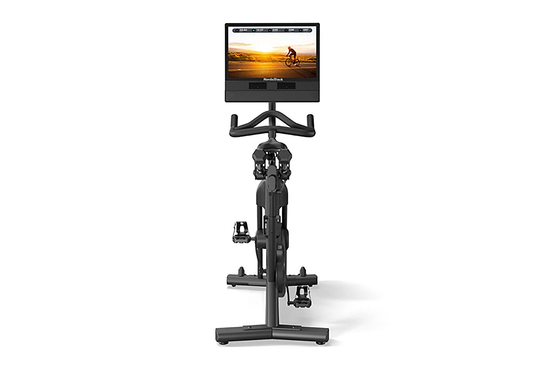 Black stationary exercise bike with tablet display showing cycling video, viewed from front on white background