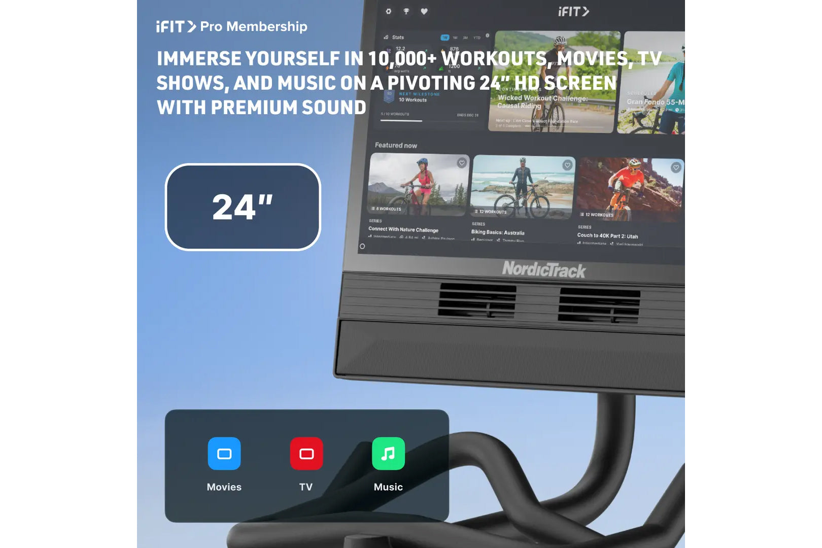 NordicTrack Studio Bike with 24" HD touchscreen displaying iFIT Pro Membership workouts, movies, TV shows, and music content 