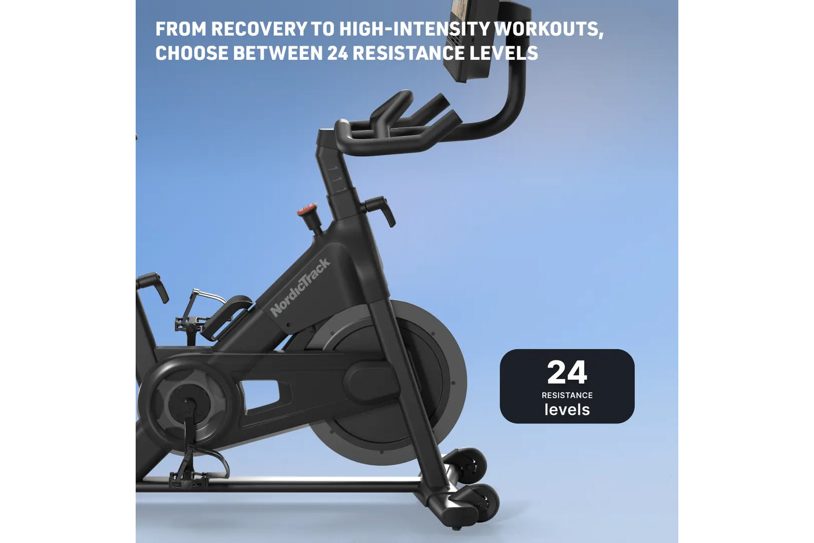 Black NordicTrack stationary exercise bike with curved handlebars and large pedal wheel against blue background