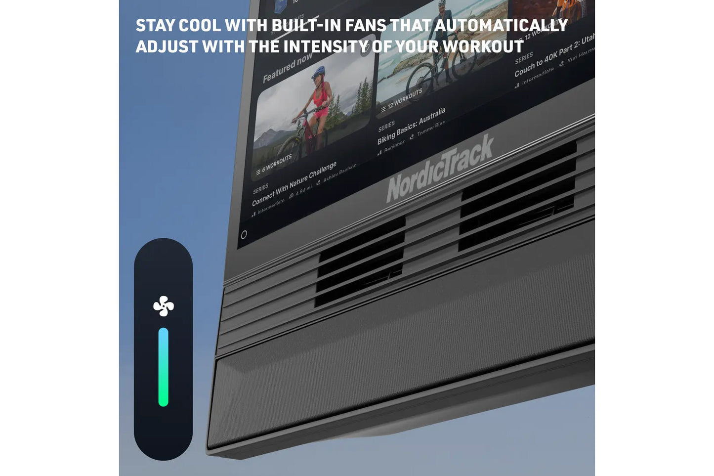 Black remote control with white fan icon and turquoise progress bar next to NordicTrack exercise machine displaying workout c