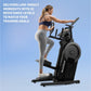 Woman using black NordicTrack step climber with digital display, wearing navy sports bra and gray leggings, on blue backgroun