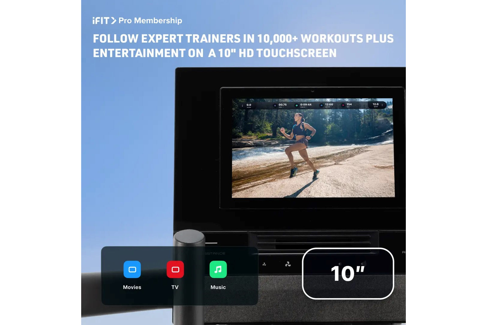 iFIT Pro Membership displayed on 10-inch HD touchscreen showing woman running outdoors with workout metrics, featuring Movies