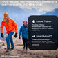 Two people hiking in mountains wearing iFIT branded jackets and beanies, with product features text overlay describing person