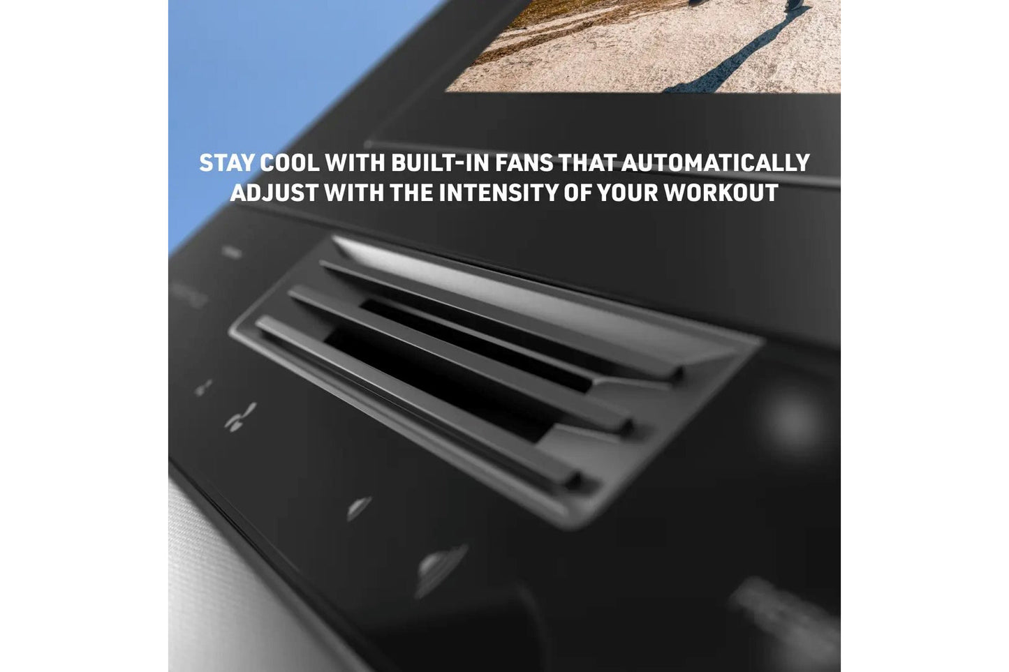Black Step Climber exercise machine with built-in cooling fans and control panel, shown at angle on white background