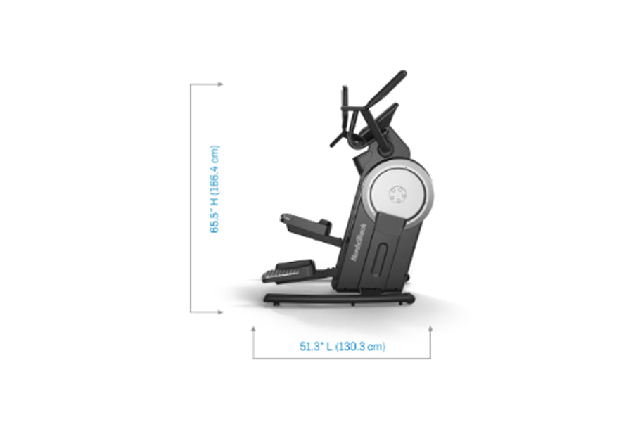 Black NordicTrack step climber with dimension measurements shown, featuring dual pedals and digital display on white backgrou